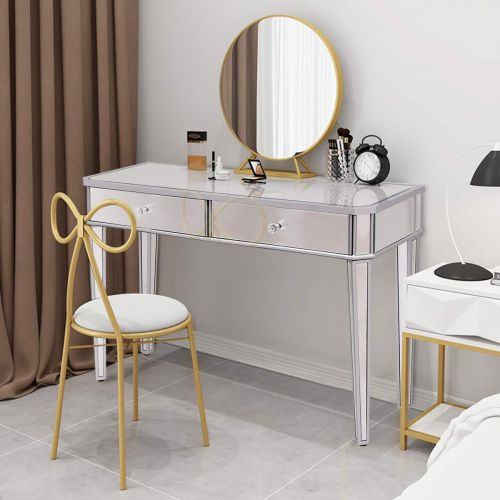  Tangkula Mirrored Makeup Table Desk Vanity for Women with 2 Drawers Home Office Smooth Silver Finish Vanity Dressing Table for Women Large Storage Drawers Writing Desk Modern Media