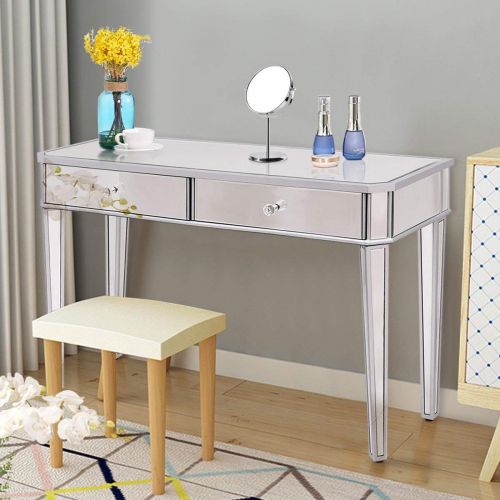  Tangkula Mirrored Makeup Table Desk Vanity for Women with 2 Drawers Home Office Smooth Silver Finish Vanity Dressing Table for Women Large Storage Drawers Writing Desk Modern Media