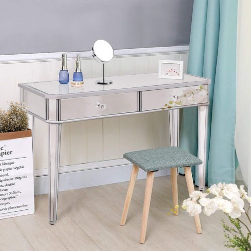  Tangkula Mirrored Makeup Table Desk Vanity for Women with 2 Drawers Home Office Smooth Silver Finish Vanity Dressing Table for Women Large Storage Drawers Writing Desk Modern Media