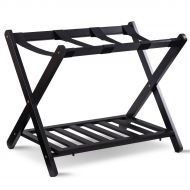 Tangkula Luggage Rack Folding Wood Suitcase Luggage Stand for Home Bedroom Guestroom Hotel Rooms with Shelf (Black, 1)