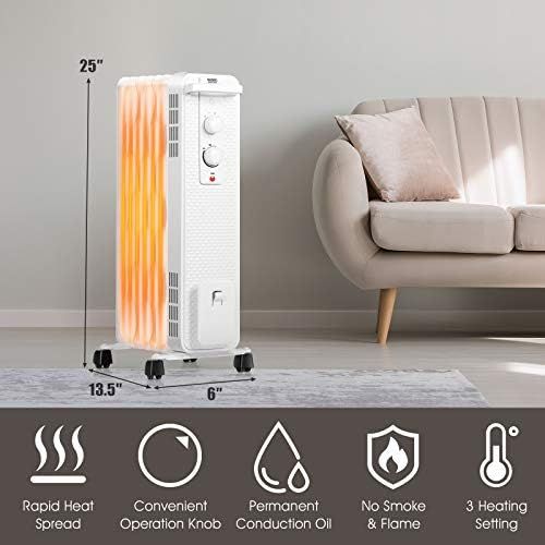  Tangkula 1500W Oil Filled Radiator Heater, Portable Space Heater Radiator w/ 3 Heating Modes & Adjustable Thermostat, Oil Radiant Heater w/ Tip-Over & Overheat Protection, Ideal fo