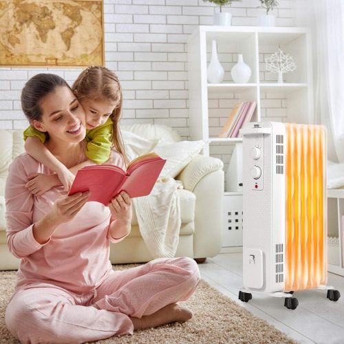  Tangkula 1500W Oil Filled Radiator Heater, Portable Space Heater Radiator w/ 3 Heating Modes & Adjustable Thermostat, Oil Radiant Heater w/ Tip-Over & Overheat Protection, Ideal fo