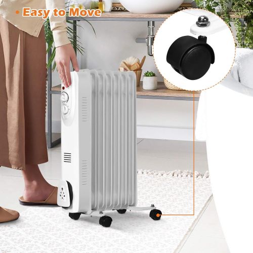  Tangkula 1500W Oil Filled Radiator Heater, Portable Space Heater Radiator with 3 Heat Settings, Adjustable Thermostat, Overheat Protection & Tip-Over Protection, Electric Radiant H