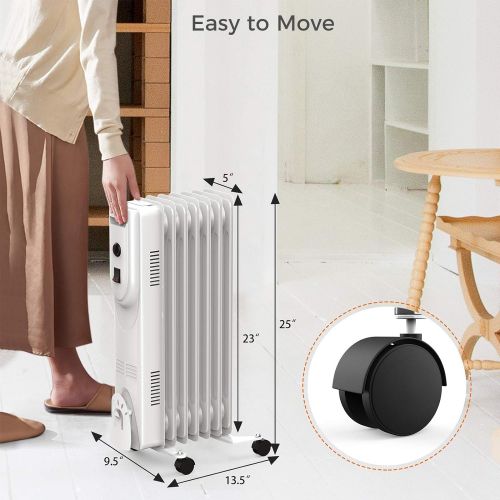  Tangkula 1500W Oil Filled Radiator Heater, Portable Space Heater Radiator with 3 Heat Settings, Adjustable Thermostat, Overheat Protection & Tip-Over Protection, Electric Oil Heate