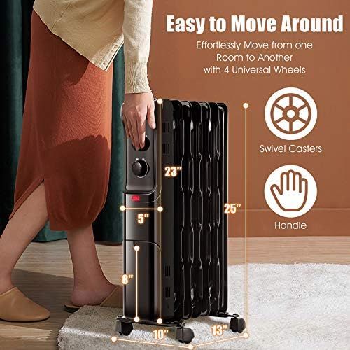  Tangkula Electric 1500W Oil Filled Radiator Heater, Space Heater Radiator with 3 Heat Settings, Adjustable Thermostat, Tip Over & Overheating Protection, Portable Radiator Heater f