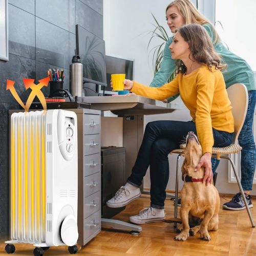  Tangkula 1500W Oil Filled Radiator Heater, Electric Oil Heater w/ Adjustable Thermostat, 3 Heating Settings, Tip Over & Overheating Protection, Space Heater Radiator w/ Auto Shut-o