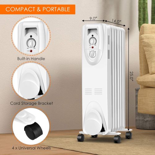  Tangkula 1500W Oil Filled Radiator Heater, Electric Oil Heater w/ Adjustable Thermostat, 3 Heating Settings, Tip Over & Overheating Protection, Space Heater Radiator w/ Auto Shut-o