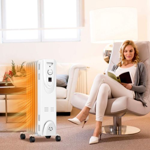  Tangkula Oil Filled Radiator Heater, 1500W Electric Oil Heater w/ Adjustable Thermostat, 3 Heating Settings, Tip Over & Overheating Protection, Space Heater Radiator for Bedroom, O