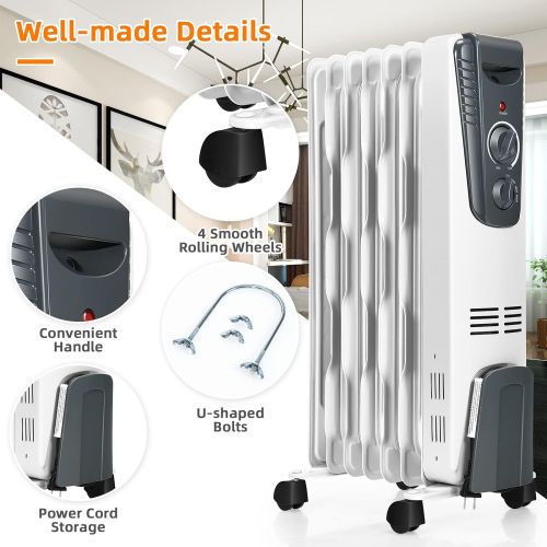  TANGKULA Electric Oil Heater, 1500W Oil Filled Radiator Heater w/ Tip-over and Overheating Protection, Portable Radiant Heater with Adjustable Thermostat, 3 Heating Modes for Home