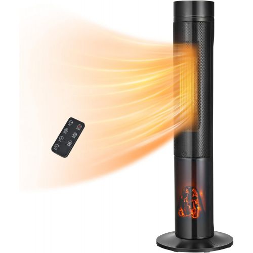  Tangkula 1500W Electric Space Heater, 4 Modes PTC Ceramic Tower Heater with 3D Flame, Remote, 12H Timer, Overheat & Tip-Over Protection, 34” Portable Oscillating Electric Heater fo