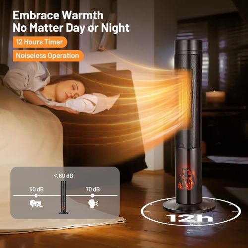  Tangkula 1500W Electric Space Heater, 4 Modes PTC Ceramic Tower Heater with 3D Flame, Remote, 12H Timer, Overheat & Tip-Over Protection, 34” Portable Oscillating Electric Heater fo