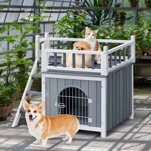  Tangkula Pet Dog House, Wooden Outdoor & Indoor Dog/Cat Puppy House Room with a View, Pet Room with Stairs, Raised Roof and Balcony Bed, Wooden Dog House (M/L)