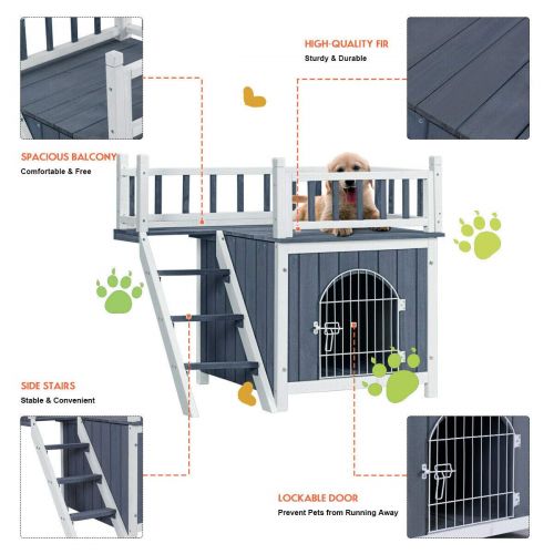  Tangkula Pet Dog House, Wooden Outdoor & Indoor Dog/Cat Puppy House Room with a View, Pet Room with Stairs, Raised Roof and Balcony Bed, Wooden Dog House (M/L)