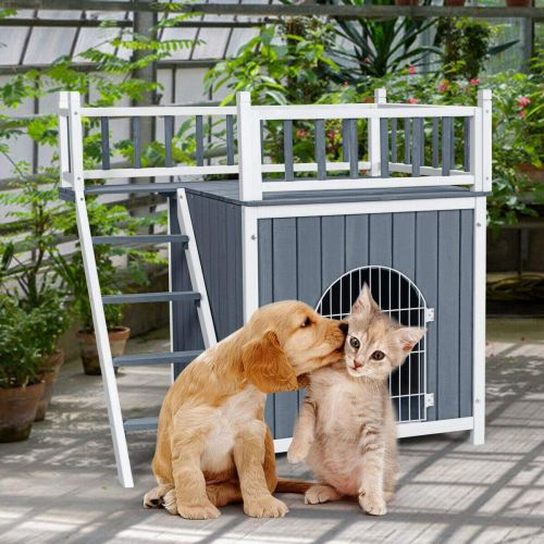  Tangkula Pet Dog House, Wooden Outdoor & Indoor Dog/Cat Puppy House Room with a View, Pet Room with Stairs, Raised Roof and Balcony Bed, Wooden Dog House (M/L)