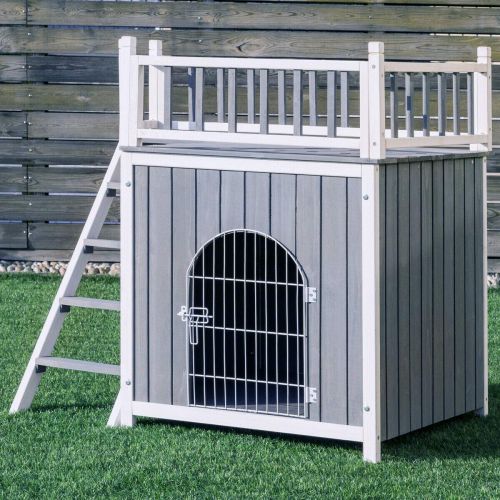  Tangkula Pet Dog House, Wooden Outdoor & Indoor Dog/Cat Puppy House Room with a View, Pet Room with Stairs, Raised Roof and Balcony Bed, Wooden Dog House (M/L)