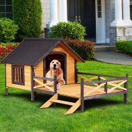 Tangkula Wooden Dog House Cabin Style Elevated Weather Waterproof Outdoor Large Pet Dog House Lodge with Porch, Spacious Deck for Sunny Nap