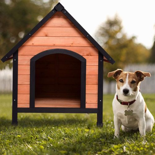  Tangkula Pet Dog House, Wooden Pet Kennel, Outdoor Weather Waterproof Pet House, Natural Wooden Dog House Home with Reddish Brown Roof, Pet Dog House