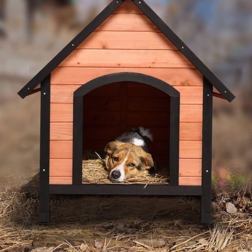  Tangkula Pet Dog House, Wooden Pet Kennel, Outdoor Weather Waterproof Pet House, Natural Wooden Dog House Home with Reddish Brown Roof, Pet Dog House