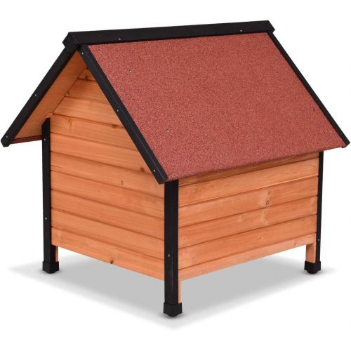  Tangkula Pet Dog House, Wooden Pet Kennel, Outdoor Weather Waterproof Pet House, Natural Wooden Dog House Home with Reddish Brown Roof, Pet Dog House