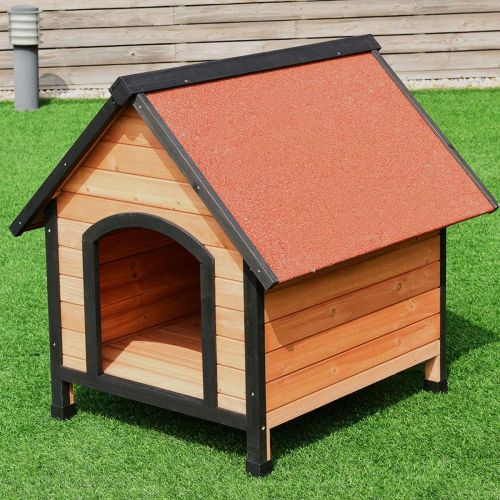  Tangkula Pet Dog House, Wooden Pet Kennel, Outdoor Weather Waterproof Pet House, Natural Wooden Dog House Home with Reddish Brown Roof, Pet Dog House