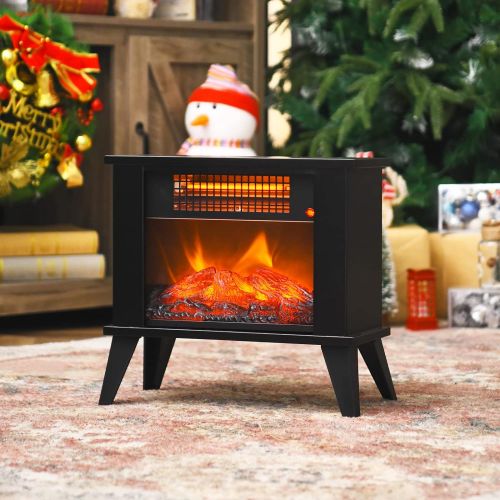  Tangkula Electric Fireplace Heater, Freestanding Infrared Stove w/ Realistic Flame, Adjustable Temperature, Overheat & Tip Over Safety Protection, 1000 W Portable Fireplace Heater