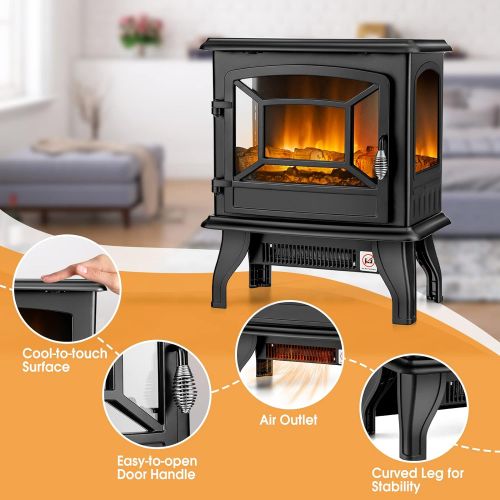  Tangkula 20 Inches Electric Fireplace Stove, Freestanding Fireplace Infrared Heater with Adjustable Thermostat and Realistic Flame Effect 1400W Indoor Space Heater with Overheating
