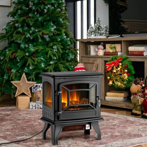  Tangkula 20 Inches Electric Fireplace Stove, Freestanding Fireplace Infrared Heater with Adjustable Thermostat and Realistic Flame Effect 1400W Indoor Space Heater with Overheating