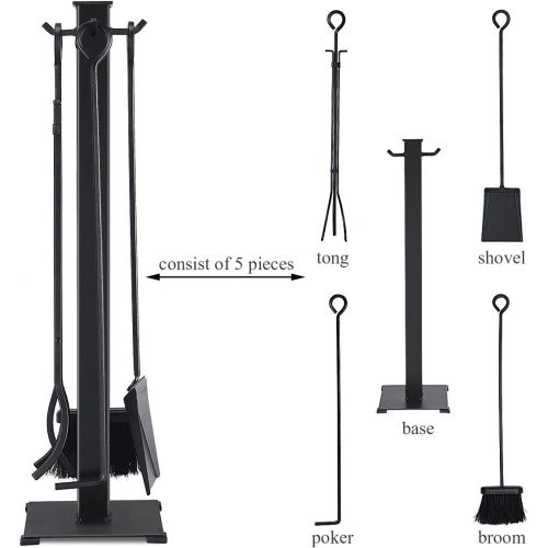  Tangkula 5 Pieces Fireplace Tools, Wrought Iron Toolset Fireplaces Hearth Accessories Indoor Outdoor 4 Tools & Decor Holder Tong Poker Base Shovel Brush