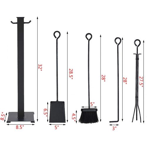  Tangkula 5 Pieces Fireplace Tools, Wrought Iron Toolset Fireplaces Hearth Accessories Indoor Outdoor 4 Tools & Decor Holder Tong Poker Base Shovel Brush