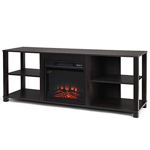  Tangkula Fireplace Stand, TV Stand Fireplace for TV Up to 65, Entertainment Television Storage Console Centers with Adjustable Shelves, with 18X17 1400W Electric Fireplace and Remo