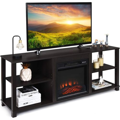  Tangkula Fireplace Stand, TV Stand Fireplace for TV Up to 65, Entertainment Television Storage Console Centers with Adjustable Shelves, with 18X17 1400W Electric Fireplace and Remo