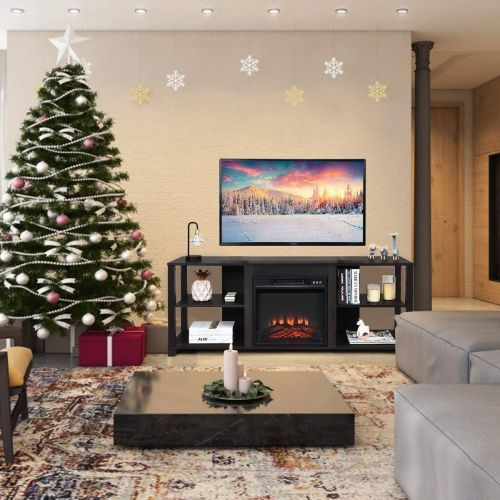  Tangkula Fireplace Stand, TV Stand Fireplace for TV Up to 65, Entertainment Television Storage Console Centers with Adjustable Shelves, with 18X17 1400W Electric Fireplace and Remo