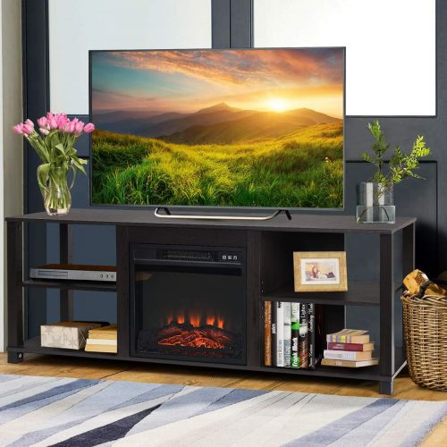  Tangkula Fireplace Stand, TV Stand Fireplace for TV Up to 65, Entertainment Television Storage Console Centers with Adjustable Shelves, with 18X17 1400W Electric Fireplace and Remo