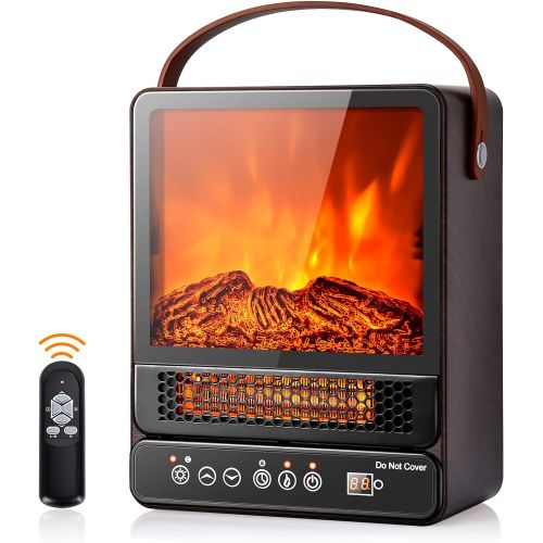  Tangkula 14.5 Mini Portable Electric Fireplace, 750W/1500W Tabletop Stove Heater with 3D Flame & Remote Control, Electric Fireplace Heater with Overheat Protection,12H Timer (Walnu