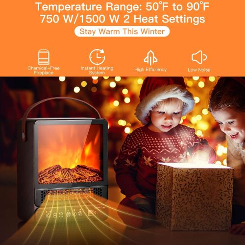  Tangkula 14.5 Mini Portable Electric Fireplace, 750W/1500W Tabletop Stove Heater with 3D Flame & Remote Control, Electric Fireplace Heater with Overheat Protection,12H Timer (Walnu