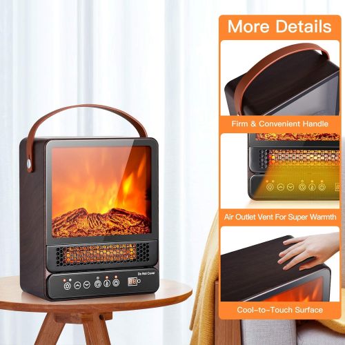  Tangkula 14.5 Mini Portable Electric Fireplace, 750W/1500W Tabletop Stove Heater with 3D Flame & Remote Control, Electric Fireplace Heater with Overheat Protection,12H Timer (Walnu