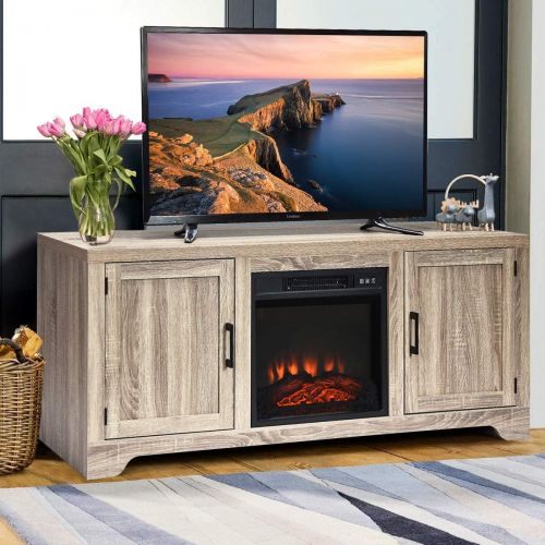  Tangkula Fireplace Stand, for TV Up to 65, Media Storage Cabinet Console with 18X17 1400W 5000BTU Electric Fireplace with Remote Control, Wooden Grain