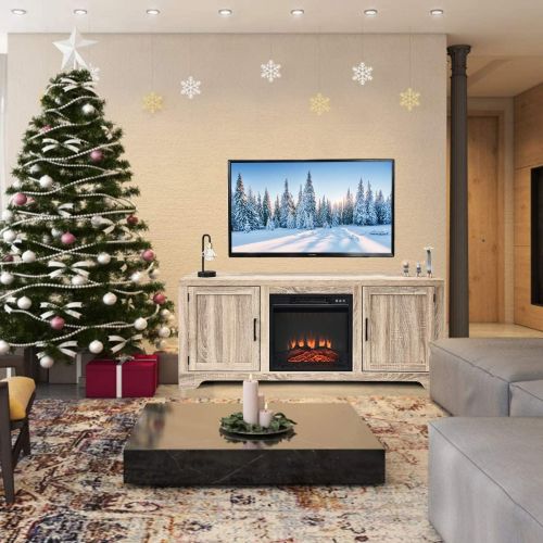  Tangkula Fireplace Stand, for TV Up to 65, Media Storage Cabinet Console with 18X17 1400W 5000BTU Electric Fireplace with Remote Control, Wooden Grain