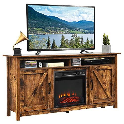  Tangkula Industrial Fireplace TV Stand for TVs Up to 65 Inches, Entertainment Center w/18 1400W Electric Fireplace, Media Console Table, Heater w/ Remote Control & Adjustable Brigh