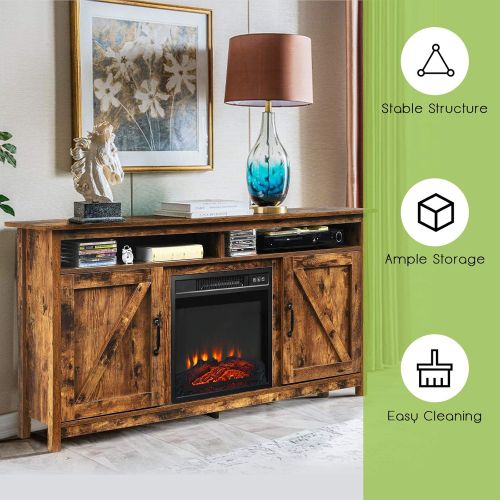  Tangkula Industrial Fireplace TV Stand for TVs Up to 65 Inches, Entertainment Center w/18 1400W Electric Fireplace, Media Console Table, Heater w/ Remote Control & Adjustable Brigh