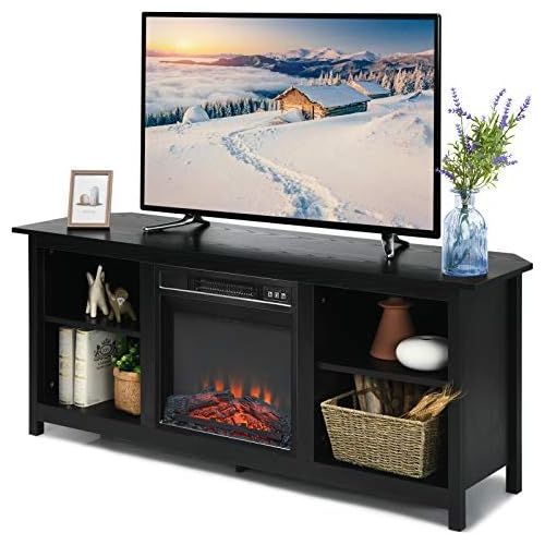  Tangkula Fireplace TV Stand, 58 Inches Entertainment Media Console Center w/18 Inches 1400W Electric Fireplace, w/ Remote Control and Adjustable Brightness, TV Stand Fireplace for