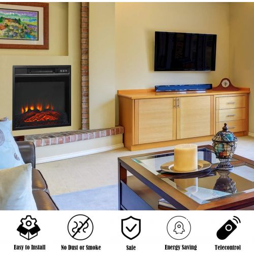  Tangkula 18 Electric Fireplace Heater, Freestanding & Recessed 1400 W Electric Stove Heater w/Adjustable LED Flame, Fireplace Insert w/Remote Control, Safer Plug and Sensor