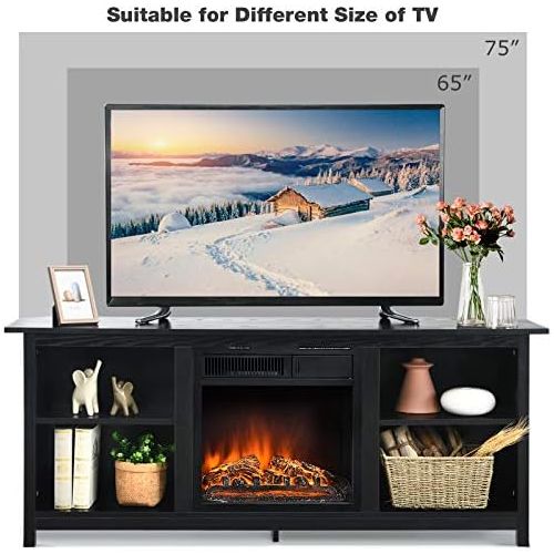  Tangkula Fireplace TV Stand, 58 Inches Entertainment Media Console Center w/18 Inches 1500W Electric Fireplace, w/ Remote Control and Adjustable Brightness, TV Stand Fireplace for