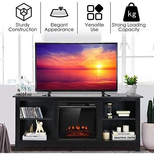  Tangkula Fireplace TV Stand, 1400W Electric Fireplace Stove TV Console Center for TVs up to 65 inches, Home Media Stand w/ Fireplace, Remote Control & Adjustable Brightness for Liv