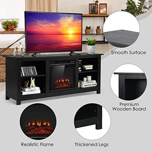  Tangkula Fireplace TV Stand, 1400W Electric Fireplace Stove TV Console Center for TVs up to 65 inches, Home Media Stand w/ Fireplace, Remote Control & Adjustable Brightness for Liv