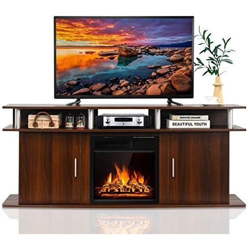  Tangkula Fireplace TV Stand, Living Room Media Console Table w/1500W Electric Fireplace for TVs up to 70 Inches, Modern TV Console w/ Fireplace, Remote Control & Adjustable Brightn