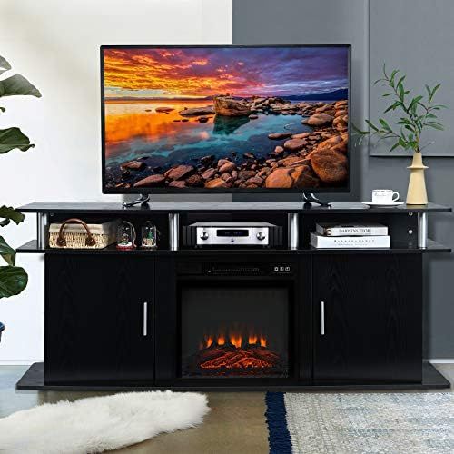  Tangkula Fireplace TV Stand, Modern Media Console Table for TVs up to 70 Inches, Entertainment Center w/ 1400W Fireplace for Living Room, Electric Fireplace Cabinet w/ Remote & Adj