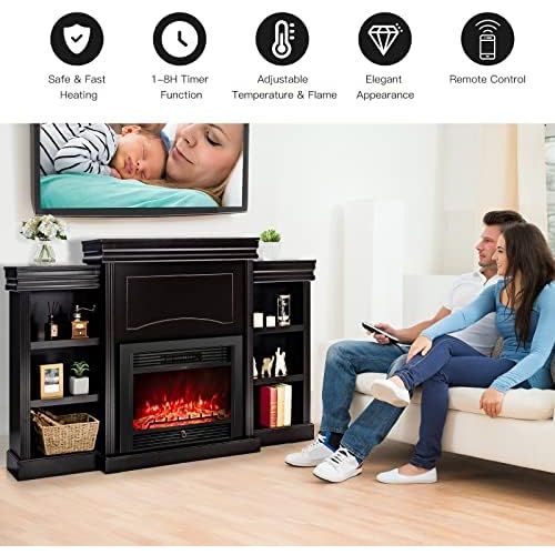  Tangkula 70 Mantel Fireplace, 750W/1500W Electric Fireplace w/ Mantel & Built-in Bookshelves, 28.5-Inch Electric Fireplace w/ Remote Control, 1-8H Timer, Adjustable Flame Brightnes