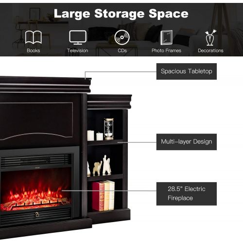  Tangkula 70 Mantel Fireplace, 750W/1500W Electric Fireplace w/ Mantel & Built-in Bookshelves, 28.5-Inch Electric Fireplace w/ Remote Control, 1-8H Timer, Adjustable Flame Brightnes