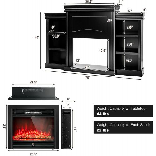  Tangkula 70 Mantel Fireplace, 750W/1500W Electric Fireplace w/ Mantel & Built-in Bookshelves, 28.5-Inch Electric Fireplace w/ Remote Control, 1-8H Timer, Adjustable Flame Brightnes